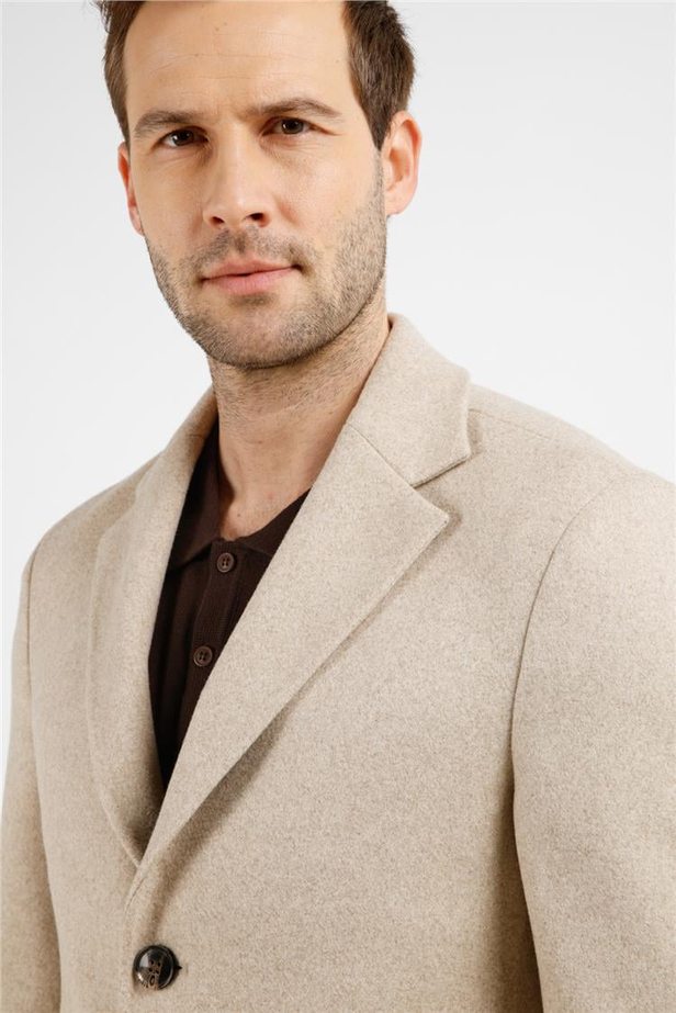 Koyu Bej Mono Yaka Esnek Slim Fit Classic Kaşe Palto 1005255101
