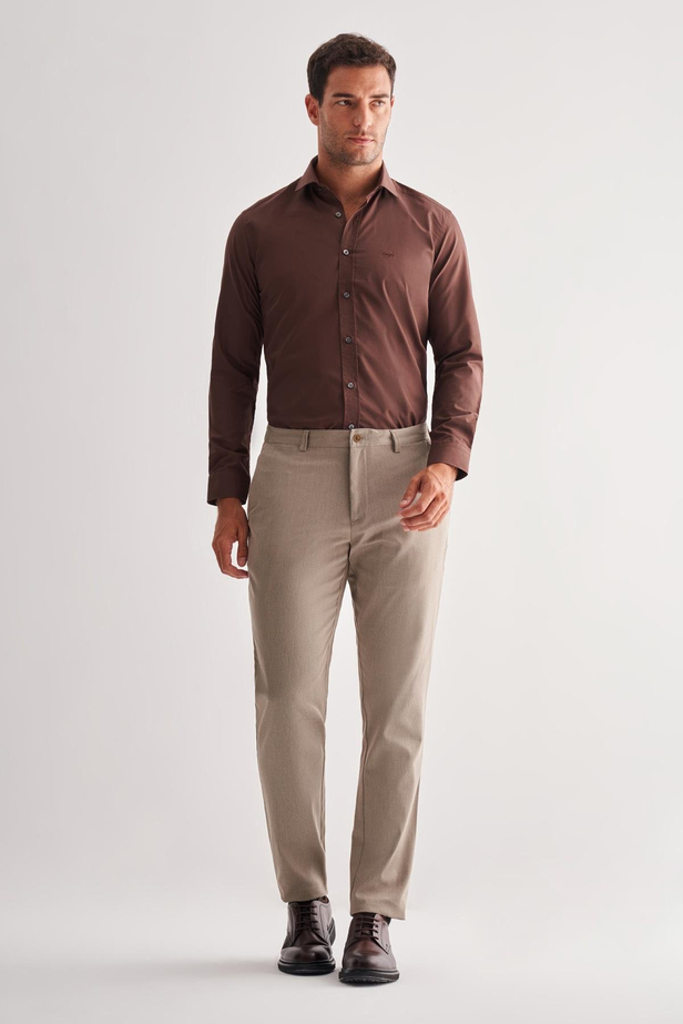 Koyu Bej Yan Cep Düz Paça Pamuklu Comfort Fit Chino Casual Pantolon 1003255166