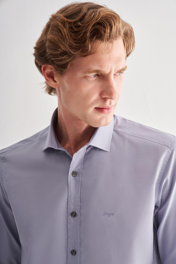 Koyu Gri Yarım İtalyan Yaka Uzun Kol Slim Fit Pamuklu Gömlek 1004255180