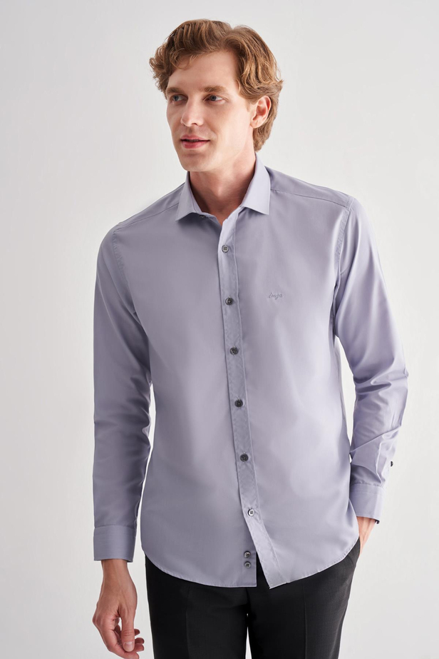 Koyu Gri Yarım İtalyan Yaka Uzun Kol Slim Fit Pamuklu Gömlek 1004255180