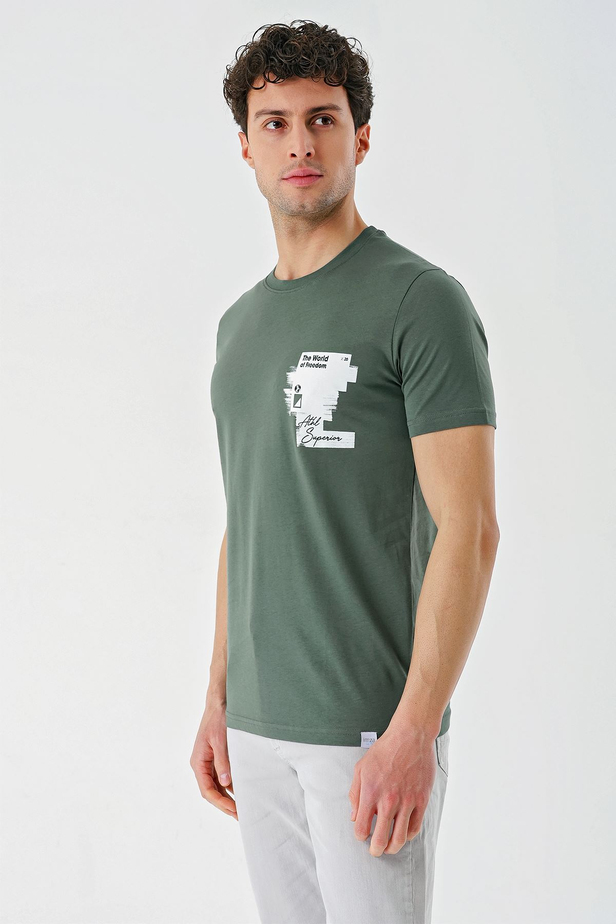 Koyu Haki Baskılı Bez Ayağı Bisiklet Yaka %100 Pamuk Casual Slim Fit Dar Kesim Tişört 1011240166