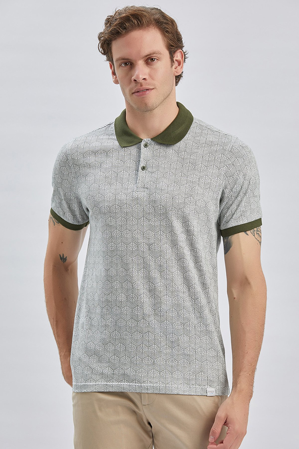Koyu Haki Baskılı Pike Polo Yaka Pamuklu Likralı Casual Slim Fit Dar Kesim Tişört 1011240158
