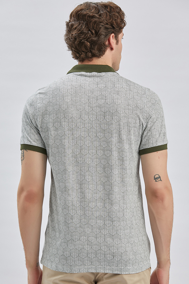 Koyu Haki Baskılı Pike Polo Yaka Pamuklu Likralı Casual Slim Fit Dar Kesim Tişört 1011240158