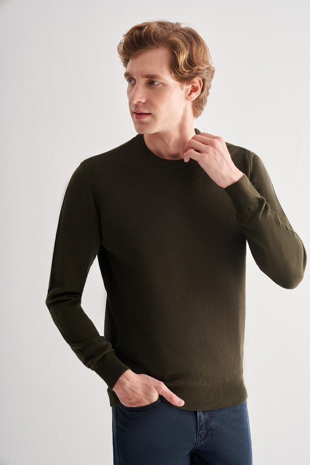 Koyu Haki Bisiklet Yaka Uzun Kol Cepsiz Comfort Fit Pamuklu Triko Kazak 1012255220