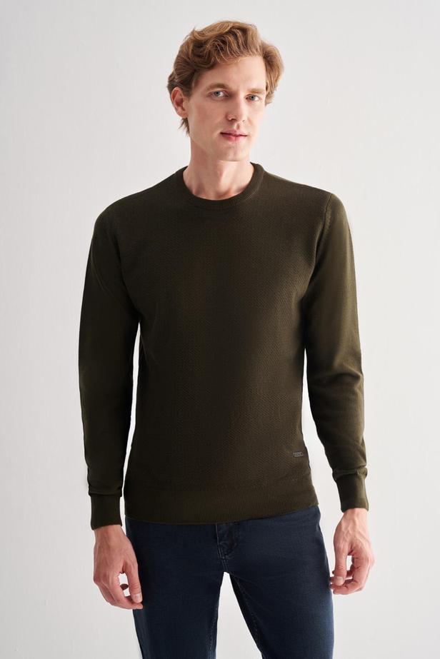 Koyu Haki Bisiklet Yaka Uzun Kol Cepsiz Comfort Fit Pamuklu Triko Kazak 1012255220