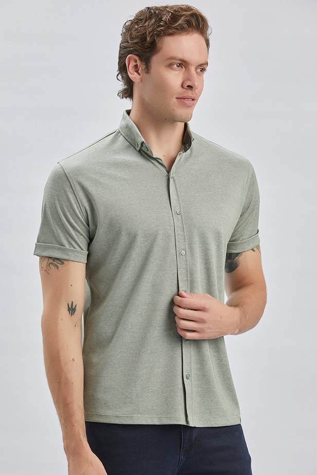 Koyu Haki Desenli Oxford Polo Yaka Cepli Pamuklu Casual Slim Fit Dar Kesim Tişört 1011240178