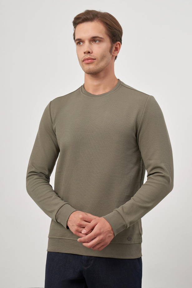 Koyu Haki Örme Bisiklet Yaka Pamuklu Casual Slim Fit Dar Kesim Sweatshirt 1013245150