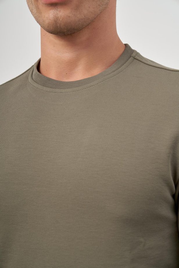 Koyu Haki Örme Bisiklet Yaka Pamuklu Casual Slim Fit Dar Kesim Sweatshirt 1013245150