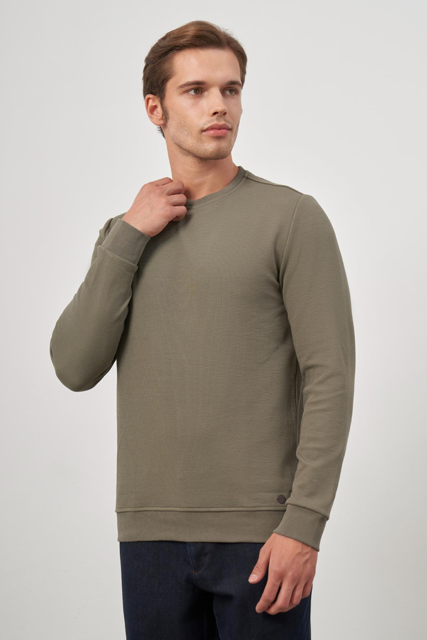 Koyu Haki Örme Bisiklet Yaka Pamuklu Casual Slim Fit Dar Kesim Sweatshirt 1013245150