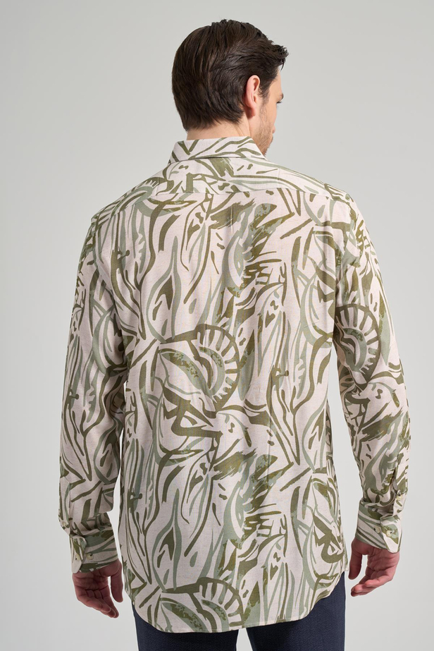 Koyu Haki Uzun Kol Baskılı Bez Ayağı Düğmeli Yaka Cepsiz Casual Slim Fit Gömlek 1004250138_720