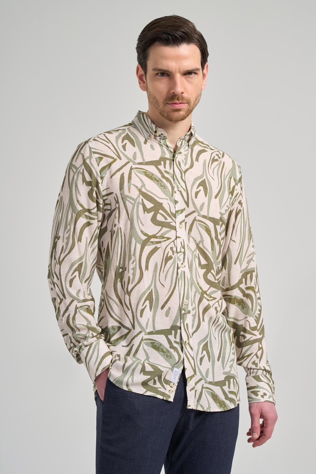 Koyu Haki Uzun Kol Baskılı Bez Ayağı Düğmeli Yaka Cepsiz Casual Slim Fit Gömlek 1004250138_720