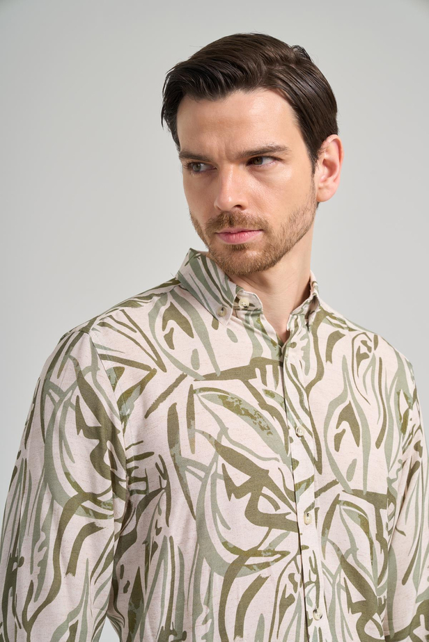 Koyu Haki Uzun Kol Baskılı Bez Ayağı Düğmeli Yaka Cepsiz Casual Slim Fit Gömlek 1004250138_720