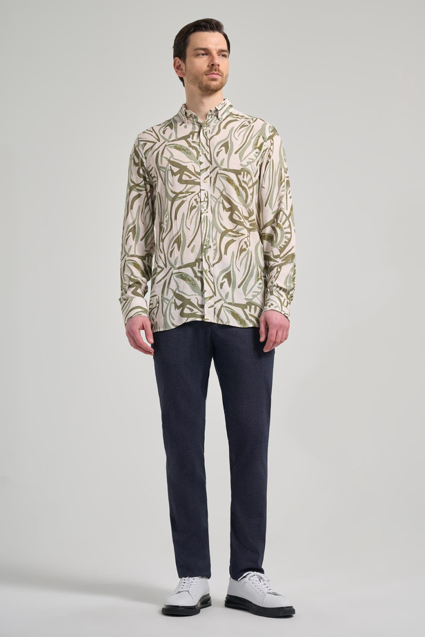 Koyu Haki Uzun Kol Baskılı Bez Ayağı Düğmeli Yaka Cepsiz Casual Slim Fit Gömlek 1004250138_720