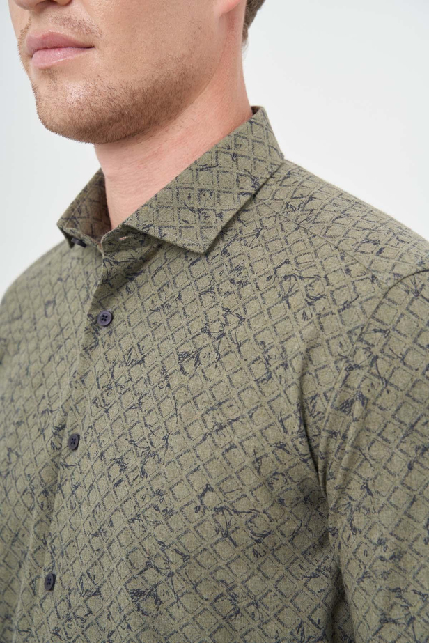 Koyu Haki Uzun Kol Baskılı Bez Ayağı Yarım İtalyan Yaka Cepsiz Pamuklu Classic Slim Fit Gömlek 1004245222