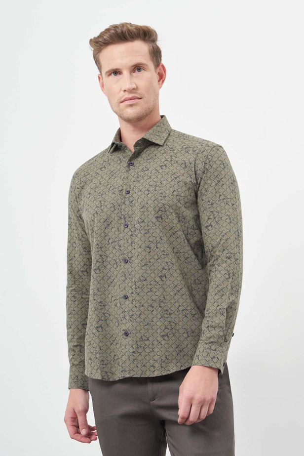 Koyu Haki Uzun Kol Baskılı Bez Ayağı Yarım İtalyan Yaka Cepsiz Pamuklu Classic Slim Fit Gömlek 1004245222
