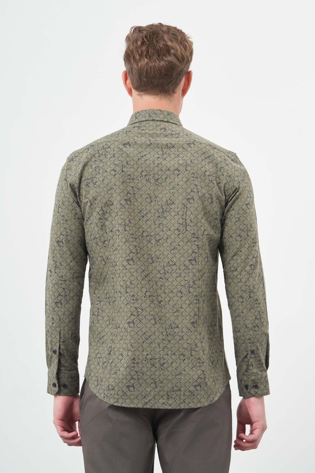 Koyu Haki Uzun Kol Baskılı Bez Ayağı Yarım İtalyan Yaka Cepsiz Pamuklu Classic Slim Fit Gömlek 1004245222