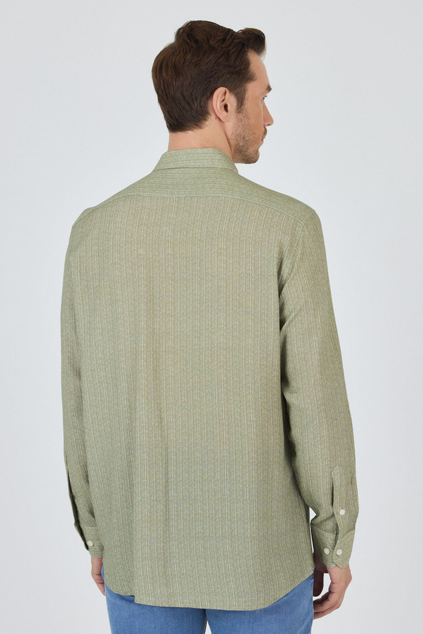 Koyu Haki Uzun Kol Baskılı Cepsiz Keten Casual Slim Fit Gömlek 1004250112