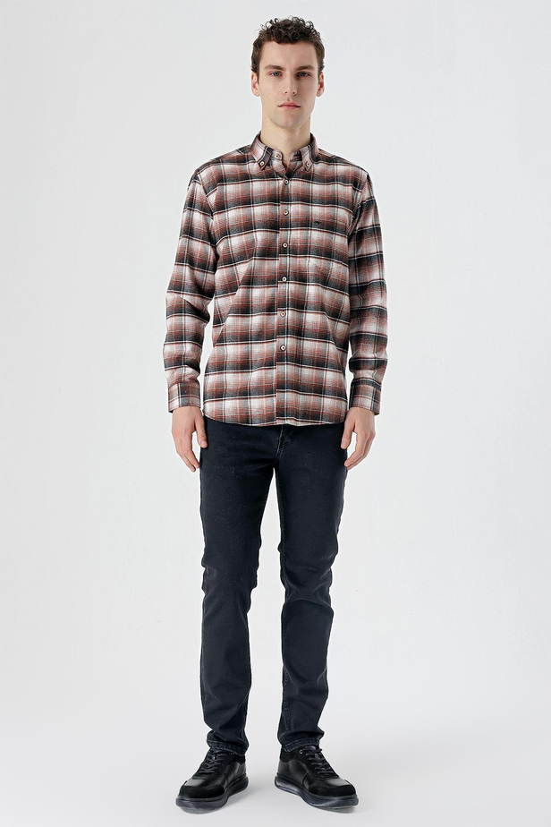 Koyu Haki Uzun Kollu Ekoseli Bez Ayağı Düğmeli Yaka Cepli Pamuklu Comfort Fit Gömlek 1004235173