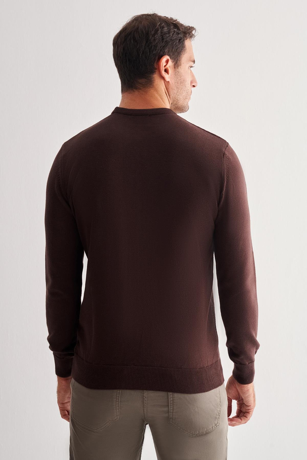 Koyu Kahverengi Bisiklet Yaka Uzun Kol Cepsiz Comfort Fit Pamuklu Triko Kazak 1012255216