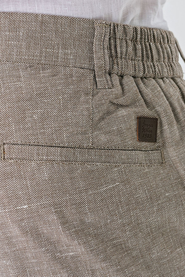 Koyu Kahverengi Desenli Keten Karışımlı Yan Cepli Lastikli Comfort Rahat Kesim Casual Pantolon 1003240159