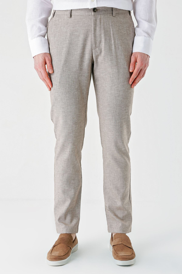 Koyu Kahverengi Desenli Keten Karışımlı Yan Cepli Lastikli Comfort Rahat Kesim Casual Pantolon 1003240159