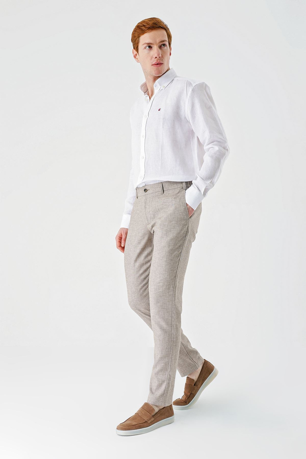 Koyu Kahverengi Desenli Keten Karışımlı Yan Cepli Lastikli Comfort Rahat Kesim Casual Pantolon 1003240159