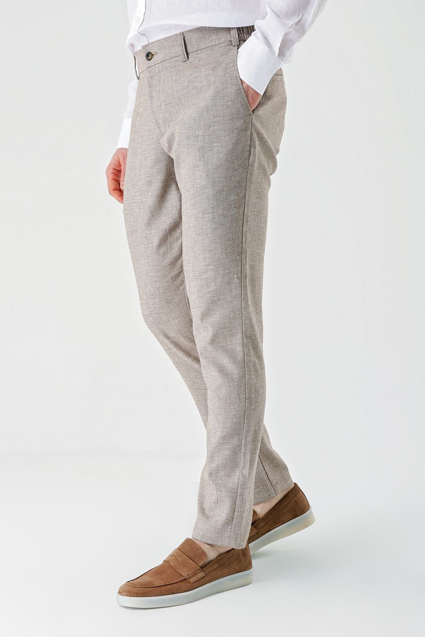 Koyu Kahverengi Desenli Keten Karışımlı Yan Cepli Lastikli Comfort Rahat Kesim Casual Pantolon 1003240159