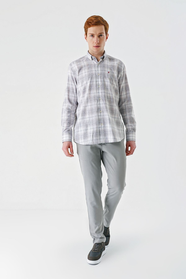 Koyu Kahverengi Kısalabilir Kol Ekoseli   Cepli Garnili Biyeli Pamuklu Keten  Comfort Fit Gömlek 1004240147