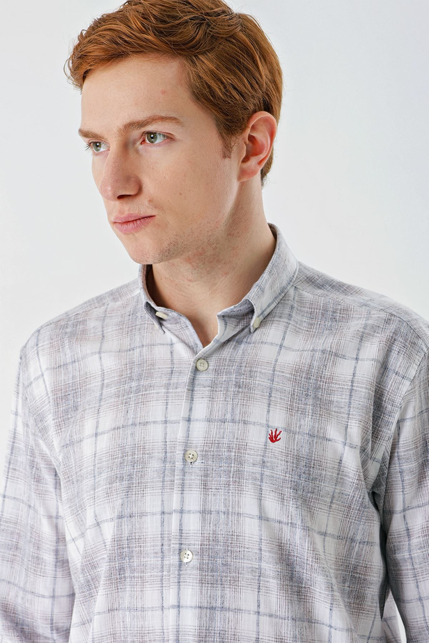 Koyu Kahverengi Kısalabilir Kol Ekoseli   Cepli Garnili Biyeli Pamuklu Keten  Comfort Fit Gömlek 1004240147