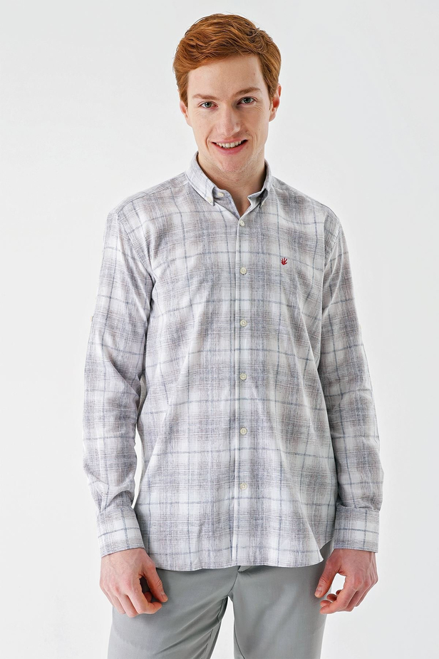 Koyu Kahverengi Kısalabilir Kol Ekoseli   Cepli Garnili Biyeli Pamuklu Keten  Comfort Fit Gömlek 1004240147