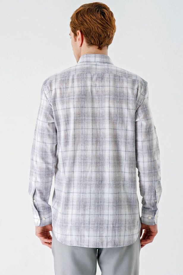 Koyu Kahverengi Kısalabilir Kol Ekoseli   Cepli Garnili Biyeli Pamuklu Keten  Comfort Fit Gömlek 1004240147