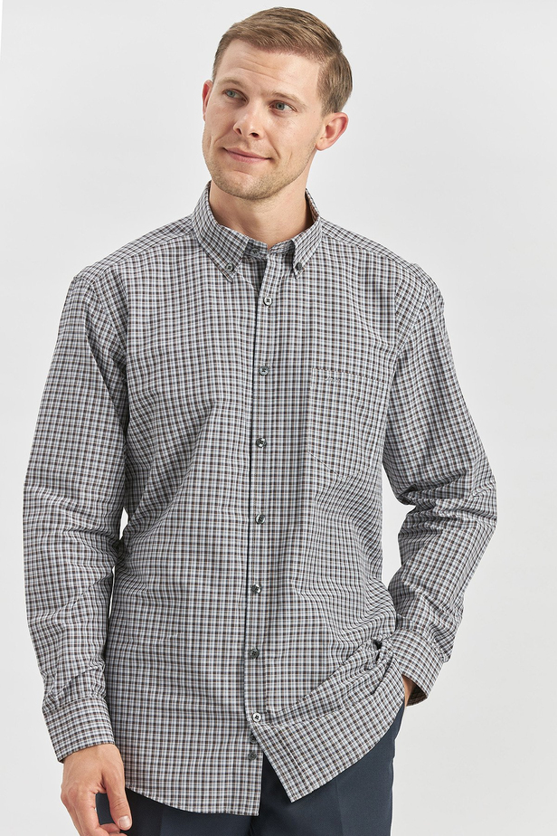 Koyu Kahverengi Uzun Kol Ekose Desen Bez Ayağı Smart Düğmeli Yaka Classic Comfort Fit Gömlek 1004240252