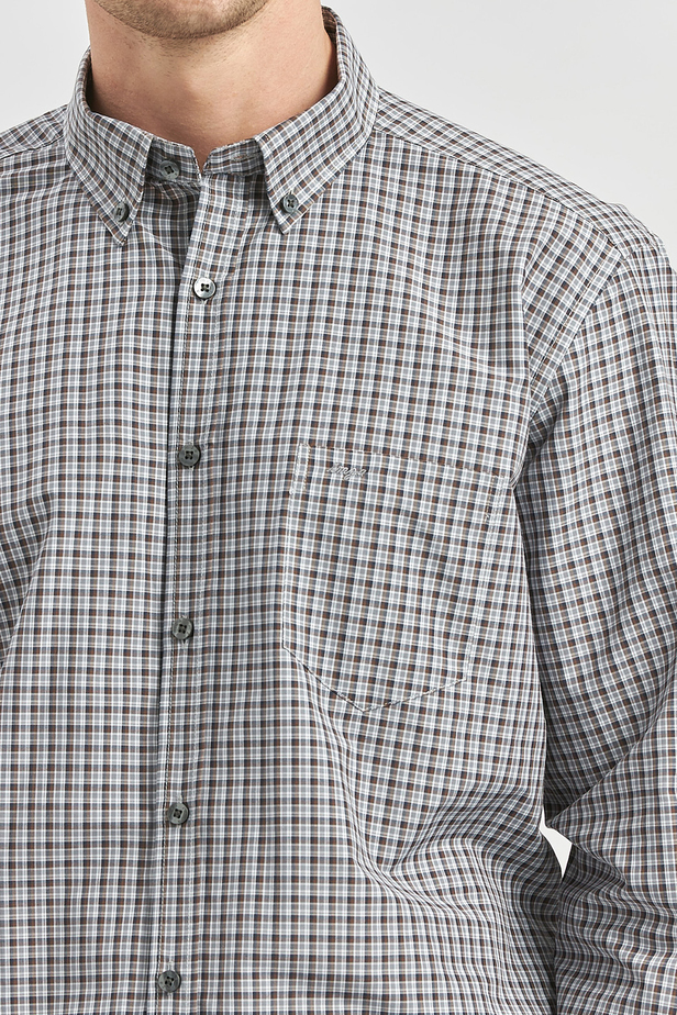 Koyu Kahverengi Uzun Kol Ekose Desen Bez Ayağı Smart Düğmeli Yaka Classic Comfort Fit Gömlek 1004240252