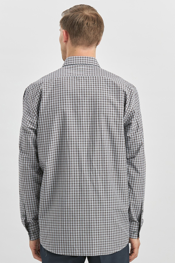 Koyu Kahverengi Uzun Kol Ekose Desen Bez Ayağı Smart Düğmeli Yaka Classic Comfort Fit Gömlek 1004240252