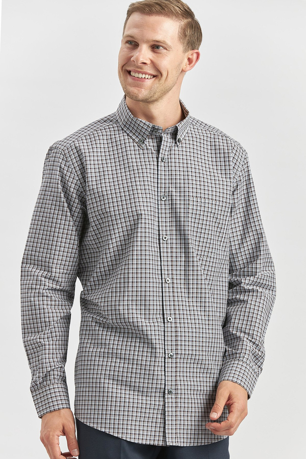 Koyu Kahverengi Uzun Kol Ekose Desen Bez Ayağı Smart Düğmeli Yaka Classic Comfort Fit Gömlek 1004240252