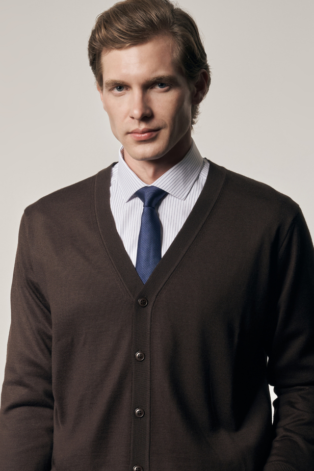 Koyu Kahverengi V Yaka Cepsiz Comfort Fit Classic Pamuklu Triko Hırka 1012255016