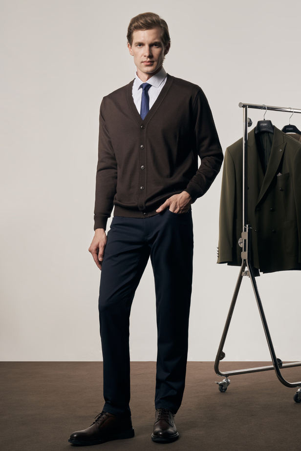 Koyu Kahverengi V Yaka Cepsiz Comfort Fit Classic Pamuklu Triko Hırka 1012255016