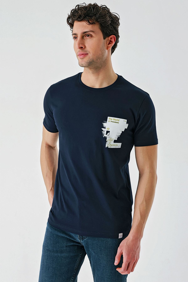 Koyu Lacivert Baskılı Bez Ayağı Bisiklet Yaka %100 Pamuk Casual Slim Fit Dar Kesim Tişört 1011240166