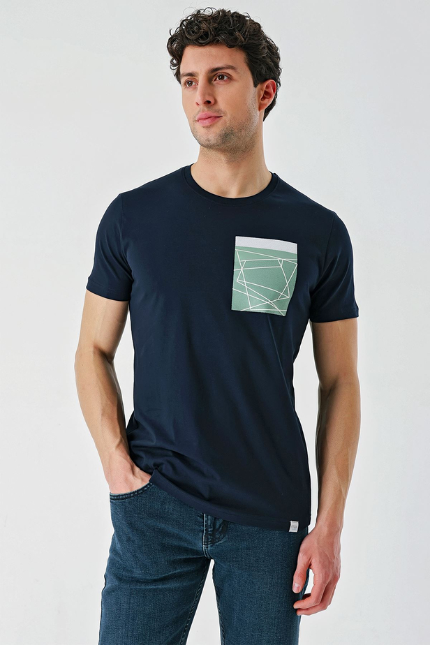 Koyu Lacivert Baskılı Bez Ayağı Bisiklet Yaka %100 Pamuk Casual Slim Fit Dar Kesim Tişört 1011240169