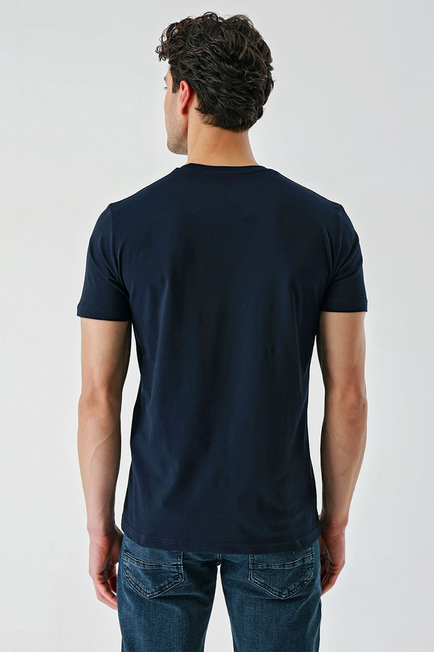 Koyu Lacivert Baskılı Bez Ayağı Bisiklet Yaka %100 Pamuk Casual Slim Fit Dar Kesim Tişört 1011240169