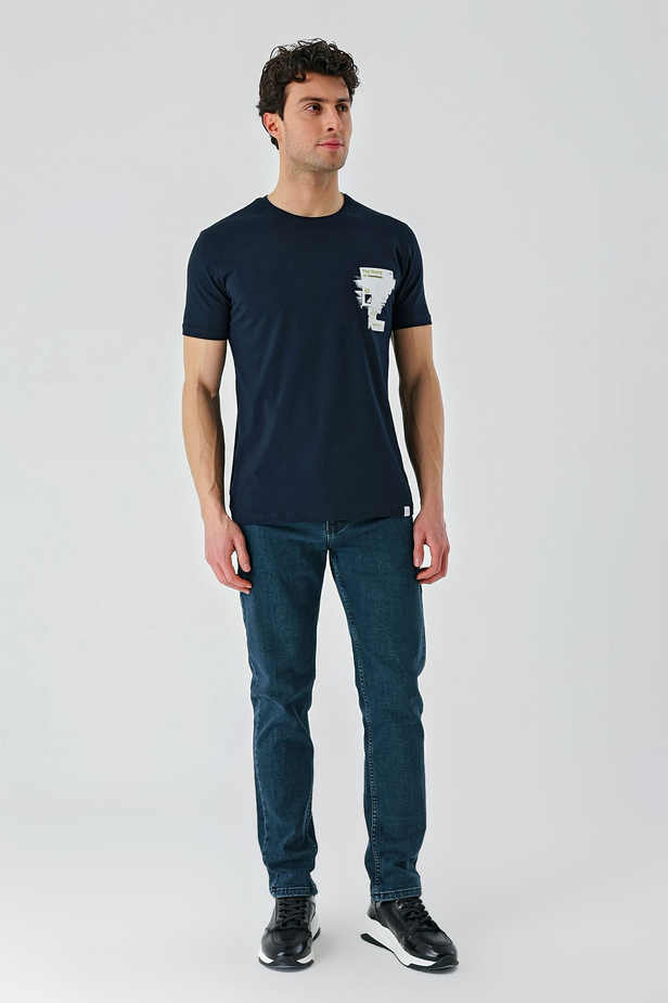 Koyu Lacivert Baskılı Bez Ayağı Bisiklet Yaka %100 Pamuk Casual Slim Fit Dar Kesim Tişört 1011240166