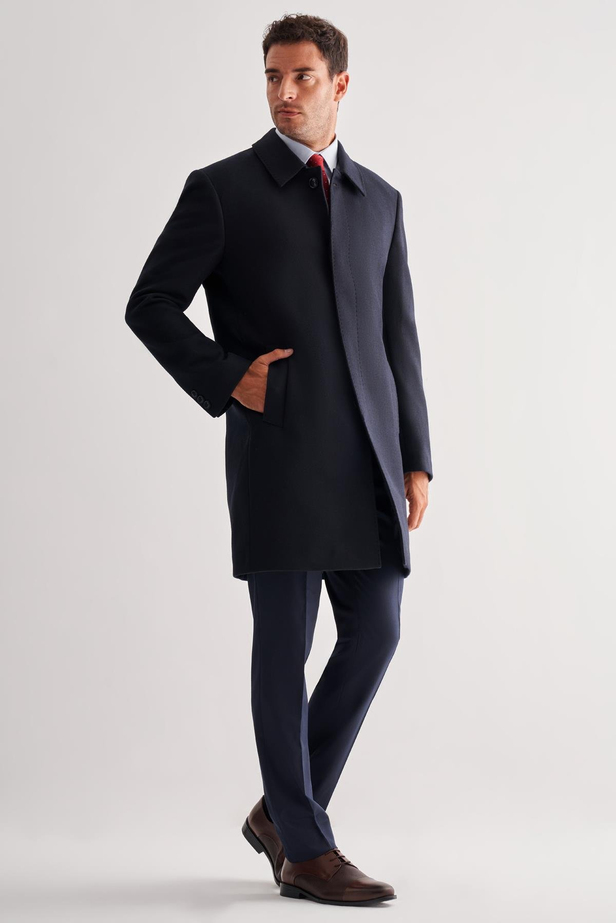 Koyu Lacivert Berberi Yaka Tam Astar Classic Comfort Fit Esnek Kaşe Palto 1005255152