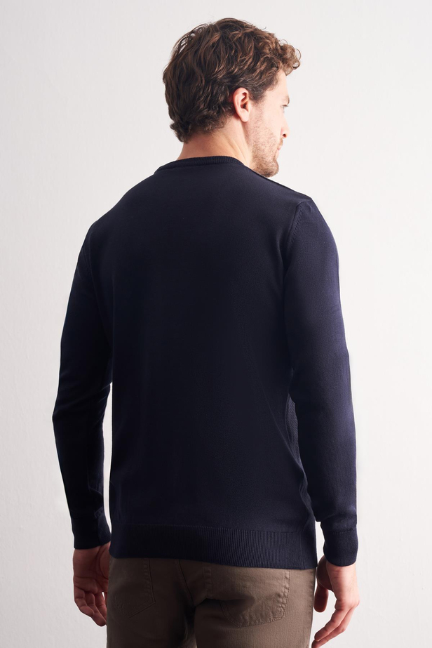 Koyu Lacivert Bisiklet Yaka Uzun Kol Cepsiz Comfort Fit Pamuklu Triko Kazak 1012255220