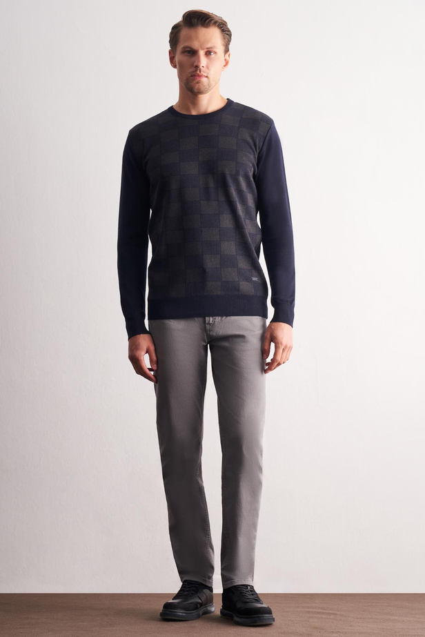 Koyu Lacivert Bisiklet Yaka Uzun Kol Cepsiz Comfort Fit Pamuklu Triko Kazak 1012255221