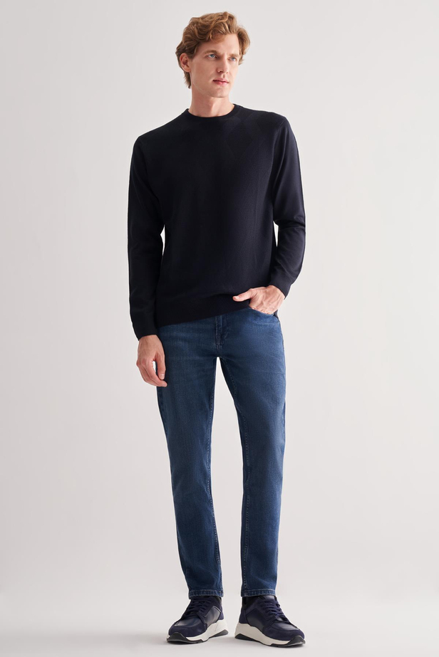 Koyu Lacivert Bisiklet Yaka Uzun Kol Cepsiz Comfort Fit Classic Yünlü Triko Kazak 1012255207