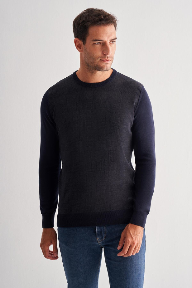 Koyu Lacivert Bisiklet Yaka Uzun Kol Cepsiz Comfort Fit Pamuklu Triko Kazak 1012255217