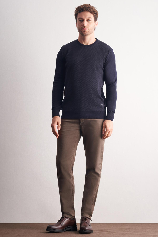 Koyu Lacivert Bisiklet Yaka Uzun Kol Cepsiz Comfort Fit Pamuklu Triko Kazak 1012255220