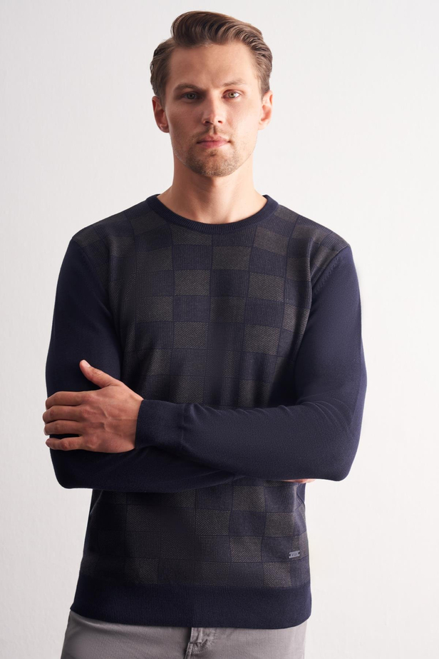 Koyu Lacivert Bisiklet Yaka Uzun Kol Cepsiz Comfort Fit Pamuklu Triko Kazak 1012255221