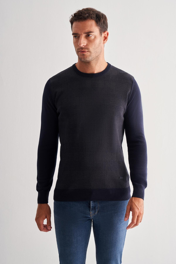 Koyu Lacivert Bisiklet Yaka Uzun Kol Cepsiz Comfort Fit Pamuklu Triko Kazak 1012255217