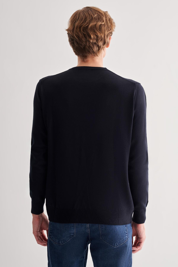 Koyu Lacivert Bisiklet Yaka Uzun Kol Cepsiz Comfort Fit Classic Yünlü Triko Kazak 1012255207